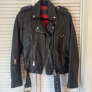 All Saints Black Leather Moto Jacket with Asymmetrical Zipper